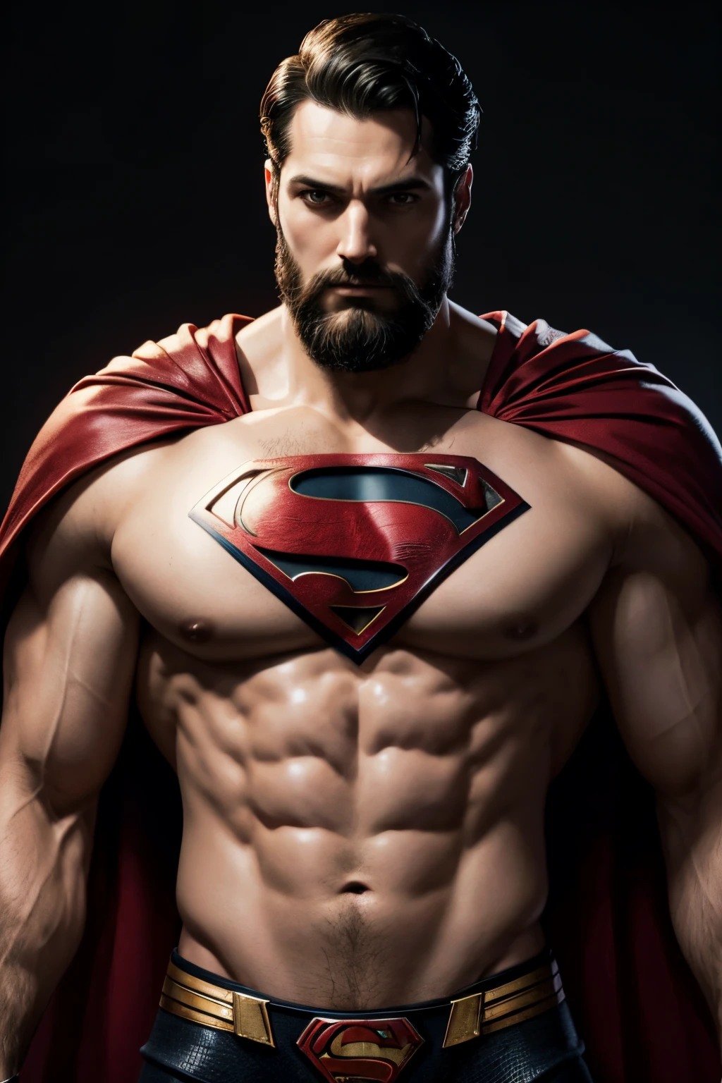 Superman, 40s year old, beard, all details black and red suit, big S symbol on the chest, red cover, strain of hair covering forehead, short cut hair, neat hair, tall, manly, hunk body, muscular, straight face, black hair, best quality, high resolution:1.2, masterpiece, raw photo, dark background, detailed suit, detailed face, upper body shot
