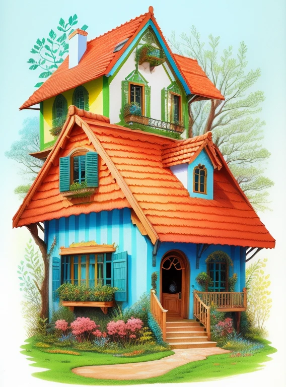 tem um desenho de uma casa com um gato na frente, fairy palace, full-colour illustration, fairy palace, floresta extravagante, ilustrado em estilo caprichoso, full-colour illustration, Casa da Fantasia, full-colour illustration, Casa dos Elfos, desenho colorido, colorful kids book illustration, arte caprichosa, Torre da Floresta Encantada, full-colour illustration, arte publicada, color page