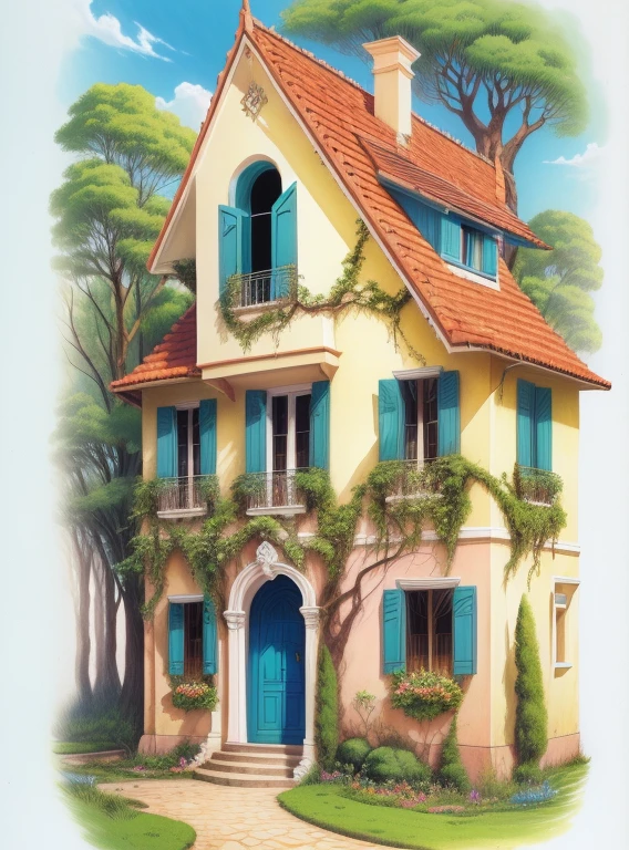 tem um desenho de uma casa com um gato na frente, fairy palace, full-colour illustration, fairy palace, floresta extravagante, ilustrado em estilo caprichoso, full-colour illustration, Casa da Fantasia, full-colour illustration, Casa dos Elfos, desenho colorido, colorful kids book illustration, arte caprichosa, Torre da Floresta Encantada, full-colour illustration, arte publicada, color page