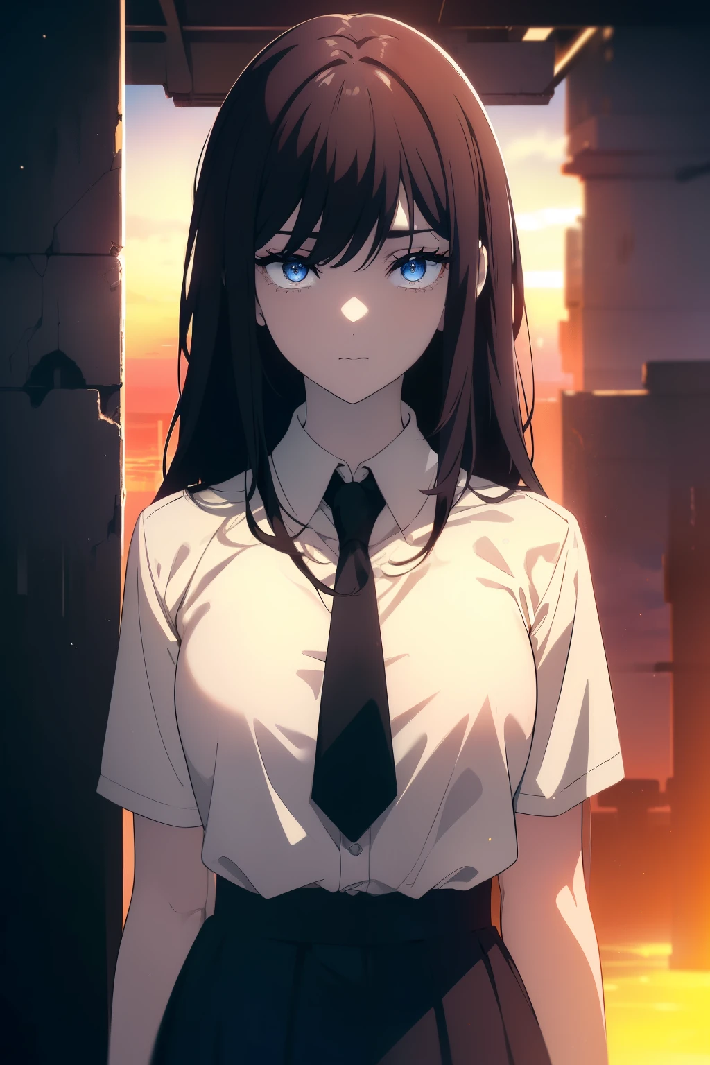 (((Obra maestra, La mejor calidad, ultrahigh resolution))), 1girl, standing, school uniform, white office shirt, black pleated skirt, ((light brown hair:0.7)), long hair cut, pale skin, ((blue eyes)), glowing_eyes, neon eyes, (((ultra detailed eyes, beautiful and detailed face, detailed eyes))), ((centered)), smile, ((wide shot)), facing viewer, eye level, (blurry background, sunset background, on top of building view), flat chested, looking at viewer, ((half closed eyes)), ((perfect hands)), (((head, arms, hips, elbows, in view))), ((hands behind back)), empty eyes, beautiful lighting, outside, outdoors, shooting star:0.7, background, defined subject, (summer lighting), 25 years old