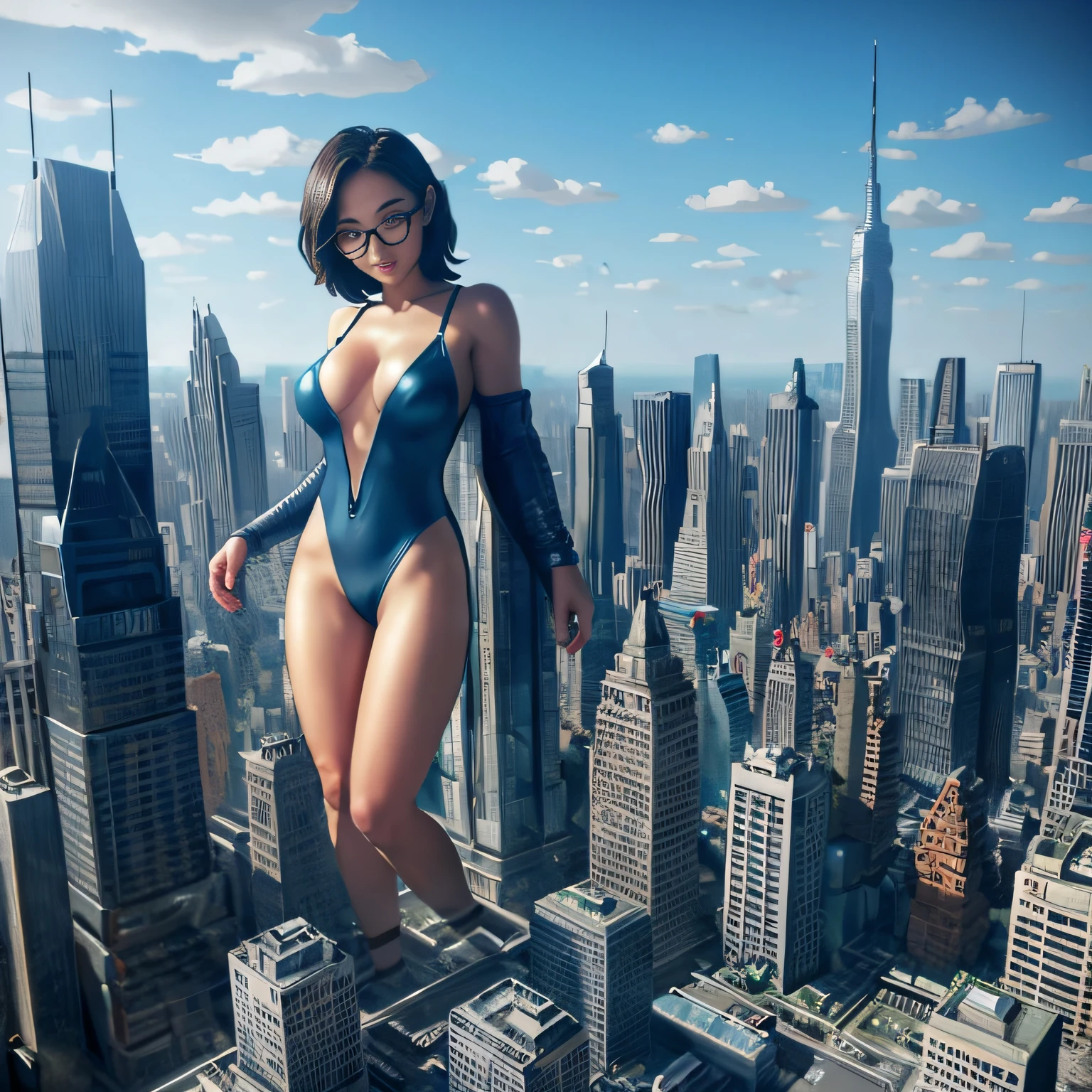 giantess art, highly detailed giantess shot, der riese, Beautiful girl wearing a huge swimsuit, Shorthair, Giant woman bigger than a skyscraper, Wearing rimless glasses, Colossal tits, Big ass,very small metropolis, miniature metropolis, Full body depiction, Removed clothes and accessories are scattered., nffsw, der riese, Small town,micro city,