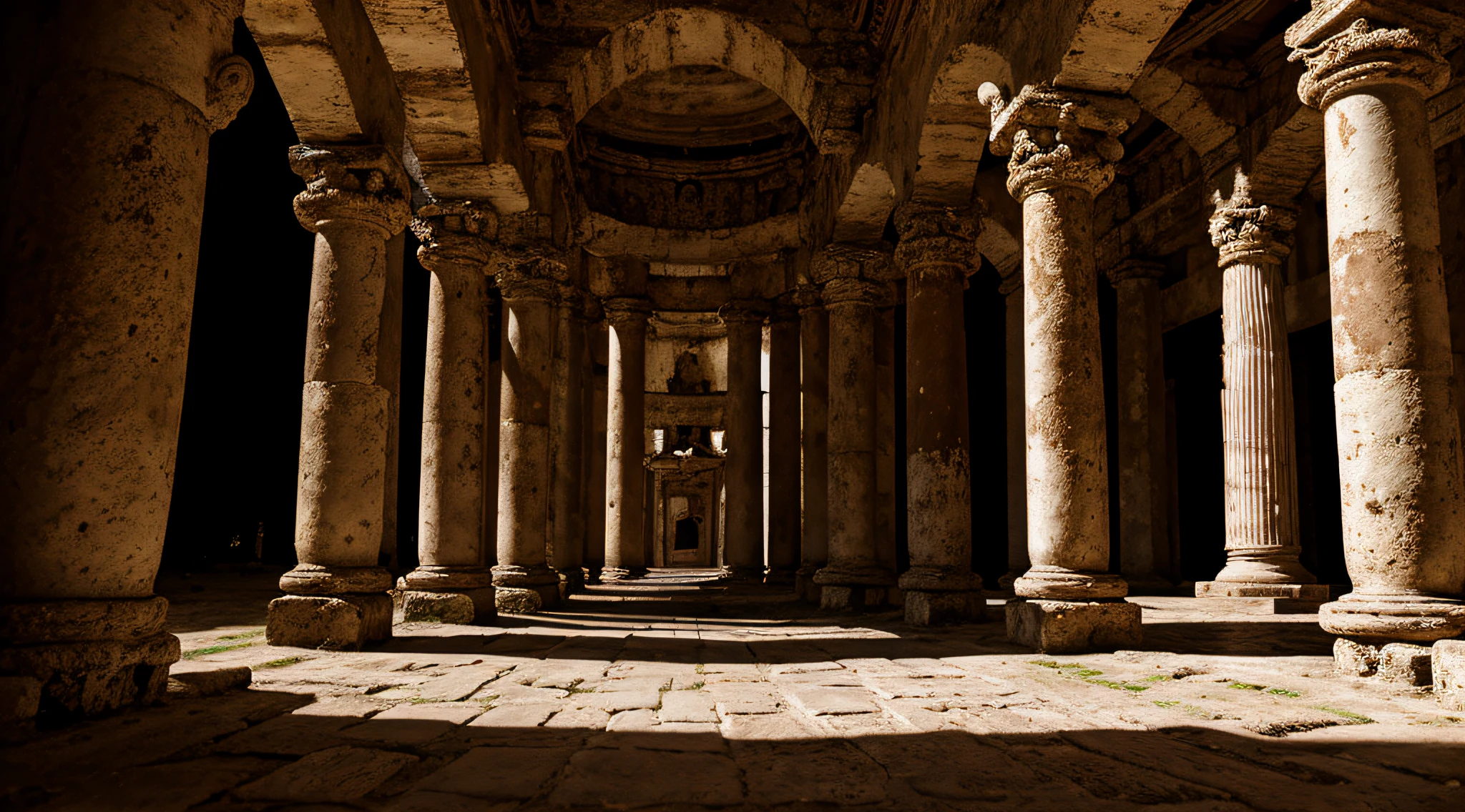 Fotografia cuerpo completo, Guerrero griego musculoso de espaldas a la camara, ruinas griegas, columnas antiguas estilo griego, Cinematic 8k Hercules style and dark background