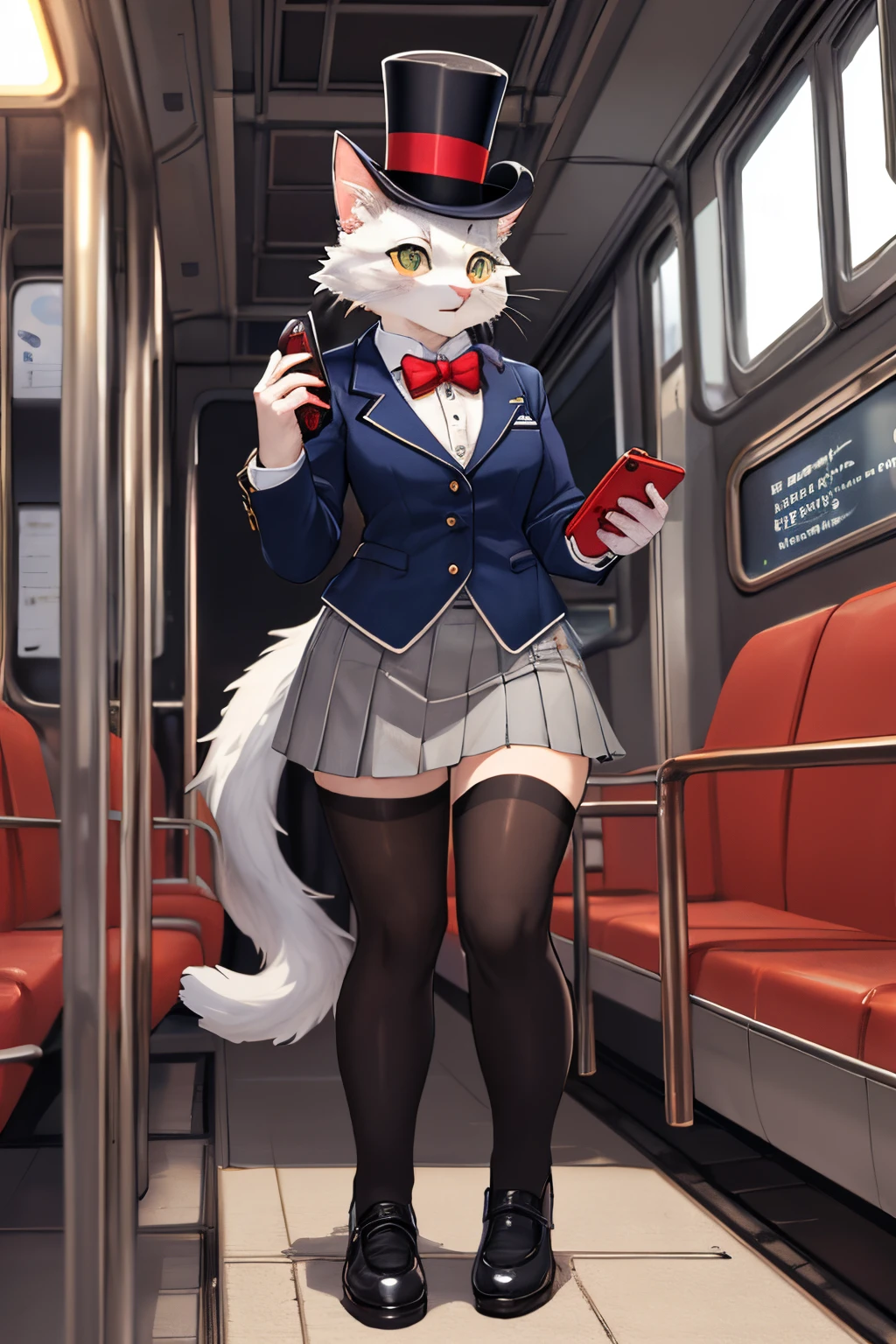 ((best quality)), ((masterpiece)), (detailed),a fullbody portrait of a white cat who is a train conductor talking on phone, red telephone, big top hat, formal uniform, skirt, steampunk, anthro female, anthro cat, athletic female, perfect face, wide shot, kemono