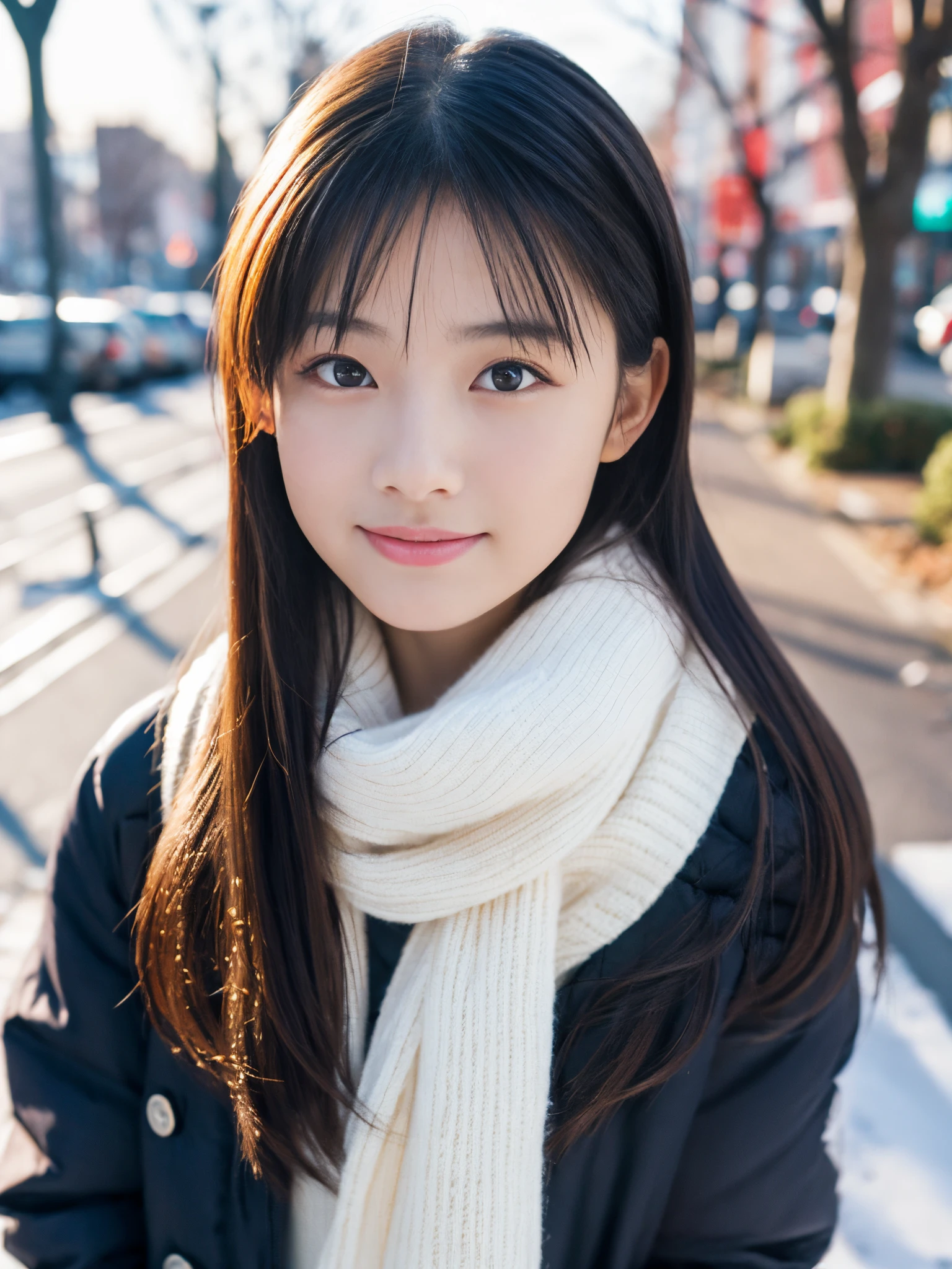 Photorealsitic, 8k full-length portraits, Beautuful Women, A charming expression, sixteen years old, TOKYOcty, Winters, Shibuya in the background