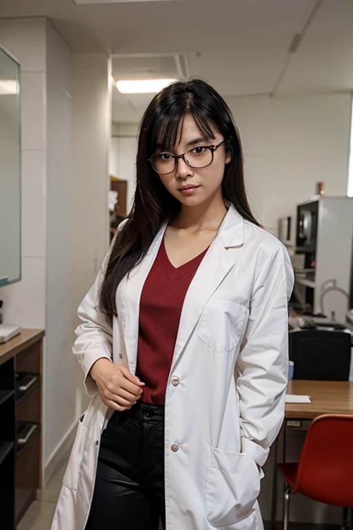 Asian female on lab coat, black hair and glasses