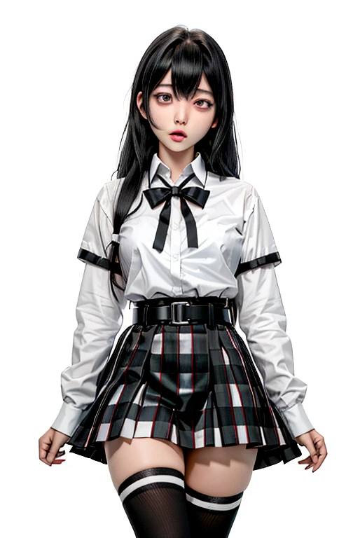 1 girl as yukino yukinoshita, absurdres, highres, solo, school uniform, big breasts, waist long black hair, (twintails:0.5), miniskirt, black thighhigh socks, loose red ribbon, unbuttoned white shirt, (ahegao:1.2), (rolling eyes:1.2), spread legs