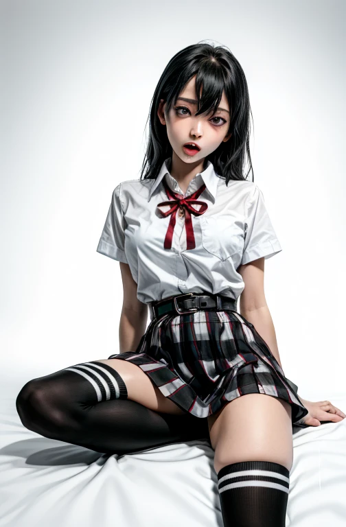 1 girl as yukino yukinoshita, absurdres, highres, solo, school uniform, big breasts, waist long black hair, (twintails:0.5), miniskirt, black thighhigh socks, loose red ribbon, unbuttoned white shirt, (ahegao:1.2), (rolling eyes:1.2), spread legs