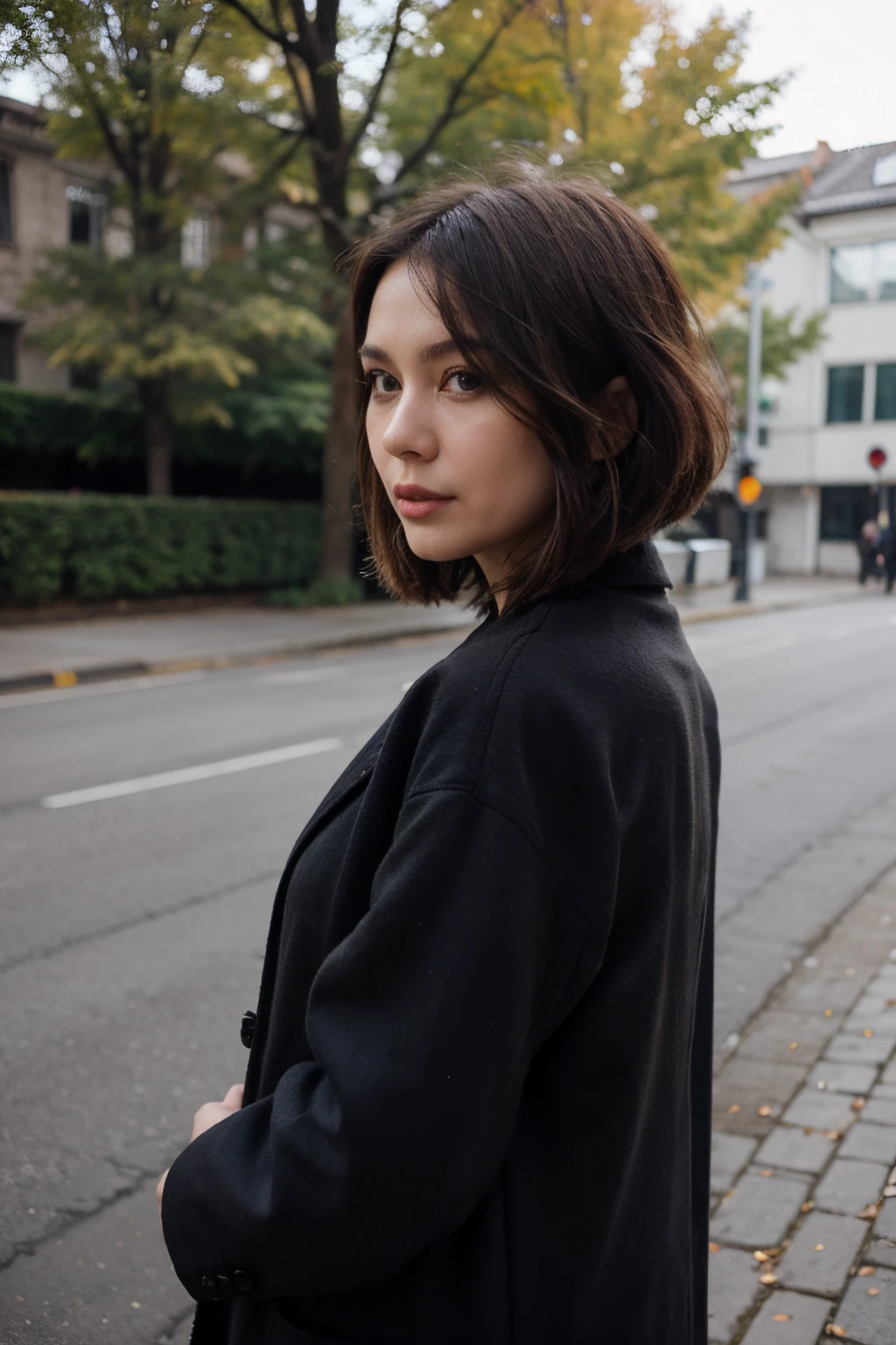 Casual side photo of 35 years old Russian Asian woman with Bob haircut in coat