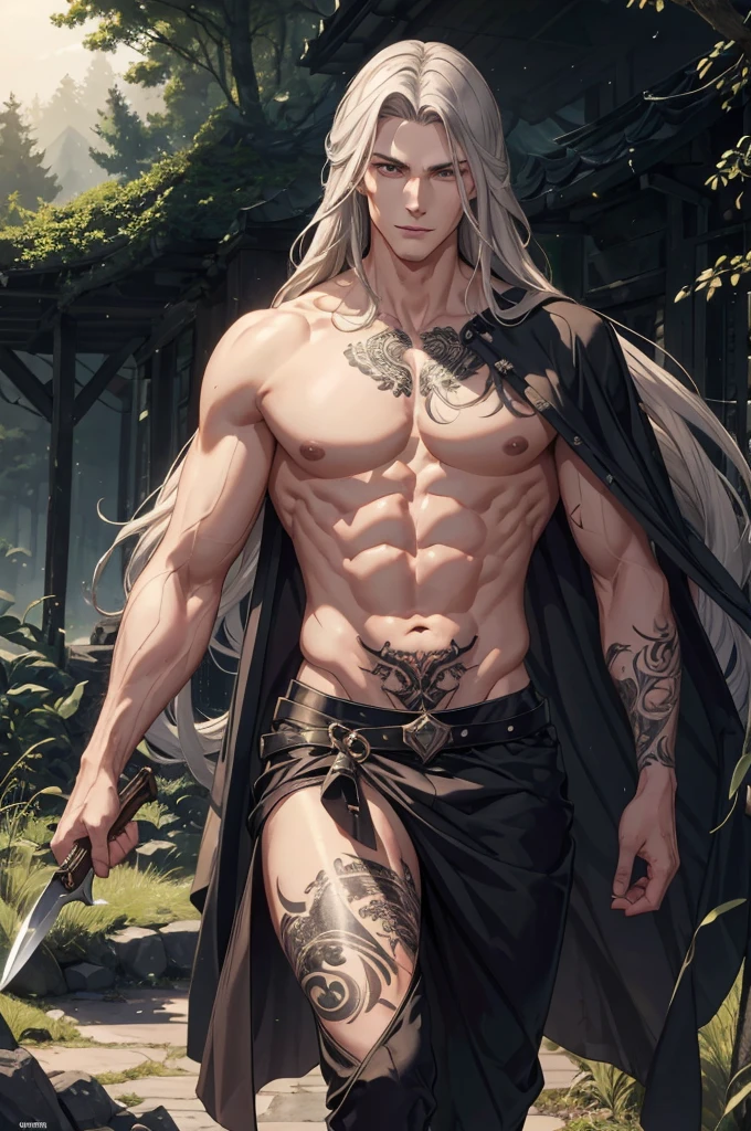 high definition, hiquality, complex drawing of details, Overly detailed. Sexual, Arrogant tall young man with athletic build, walk through a dense forest at night, with long, Loose gray hair, Developing in the wind. Arrogant smile on face with plump lips, wide cheekbones. Smooth face, graceful facial features;. cateyes, naked torso with tattoos. knife in hand, skull on the side of the body