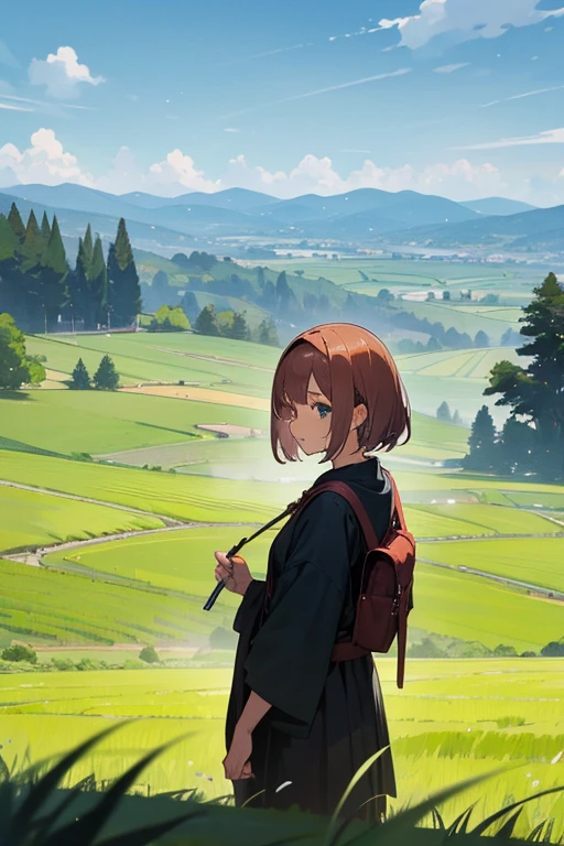 ((masutepiece)), ((Best Quality)), Close-up of a field with lots of green grass,mont, amazing landscape, Early morning light, lush countryside, beautifully lit landscape, rice paddy, stunning landscape, Very beautiful scenery, beautiful place, very very beautiful scenery, idyllic scenery, beautiful setting, people in the landscape,1girl in,Mountains in the distance,people in the landscape,Drawing,big sky