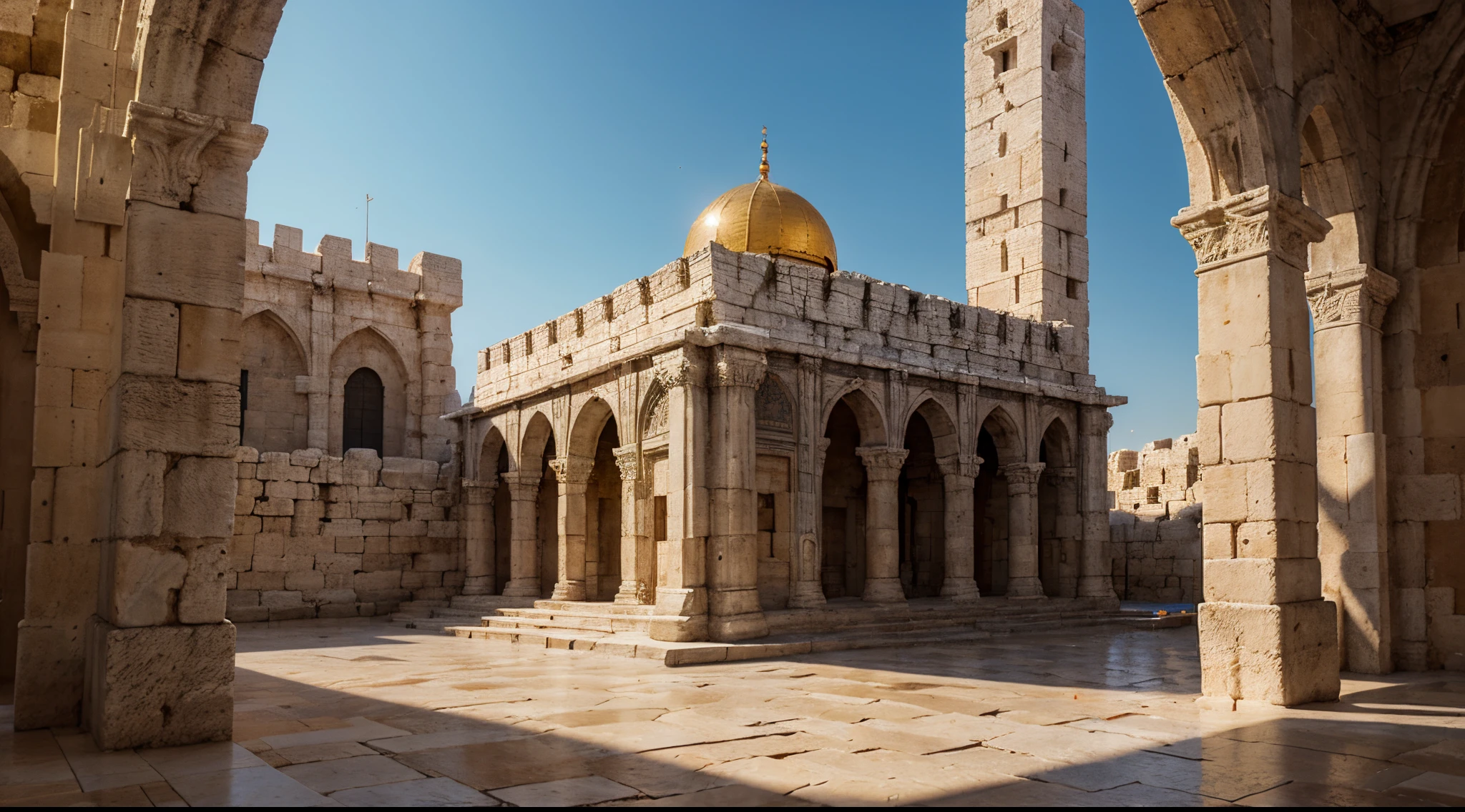 a vibrant image of the Temple of Jerusalem in the background, highlighting its architectural details. Add a touch of mysticism with soft lighting. UHD, High Detail, Super Detail, Best Quality, 8k