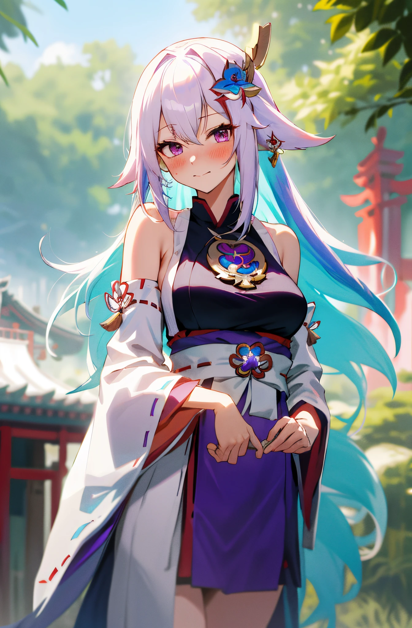 One girl with long hair, bangs, white hair, blue inner hair, purple eyes, looking at viewer, blushing, embarrassed, miko dress, sideboobs, miko, outdoor, festival, temple, medium breast, dizzy, mid-chest, wide hips, perfect waist, day atmosphere, (hair ornament:1.35), standing, upper body,
