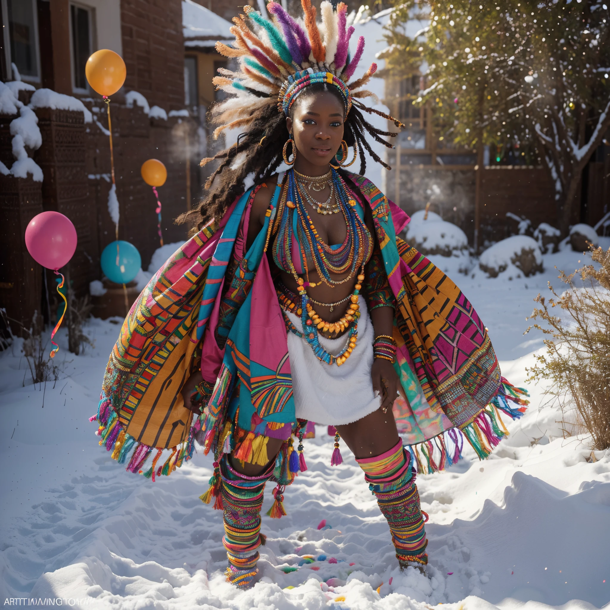 Full body shot of an African snow woman dressed in colourful african clothes, with beads and african designed headdress standing in snow, surrounded by vibrant and colourful balloons with colourful smoke, with confetti floating in air, beautiful and vibrant daylight shining, with iridescent light, cinematic lighting, 32k, ultra HD, unreal engine rendered, hyper-realistic image, artgerm style