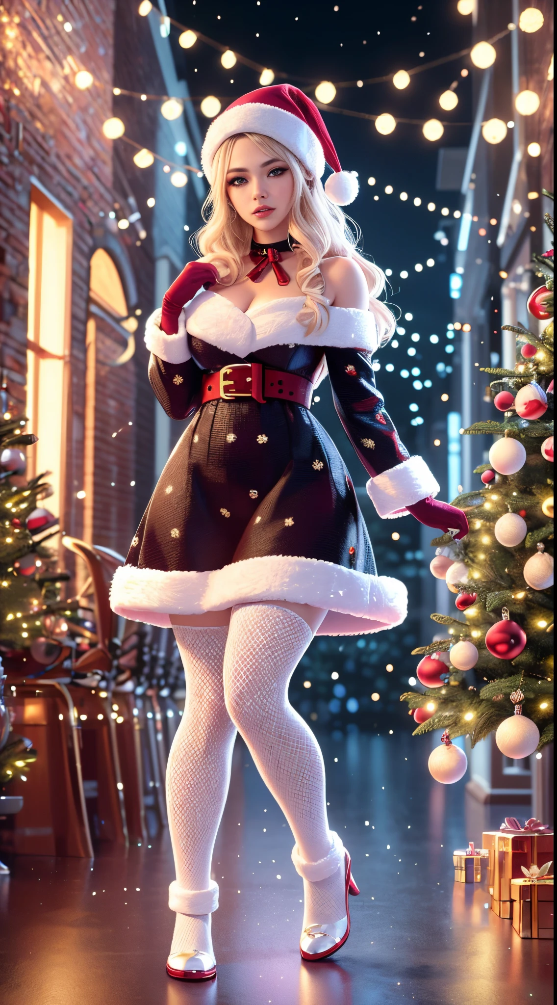 Christmas mechanical girl，Futuristic girl，Mechanical jointuturistic christmas city background，model shoot style, (extremely detaild的 CG unified 8k wallpapers), The beauty of abstract style,，hyper realisitc, 8K, super detailing, Best quality at best, Award-Awarded, Anatomically correct, 16k, super detailing