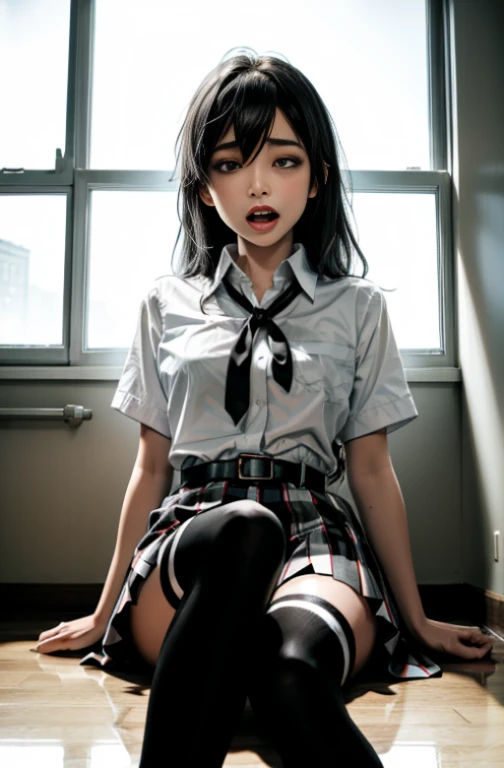 1 girl as yukino yukinoshita, absurdres, highres, solo, school uniform, big breasts, waist long black hair, (twintails:0.5), miniskirt, black thighhigh socks, loose red ribbon, unbuttoned white shirt, (ahegao:1.2), (rolling eyes:1.2), spread legs, (orgasming:1.1), fainting,