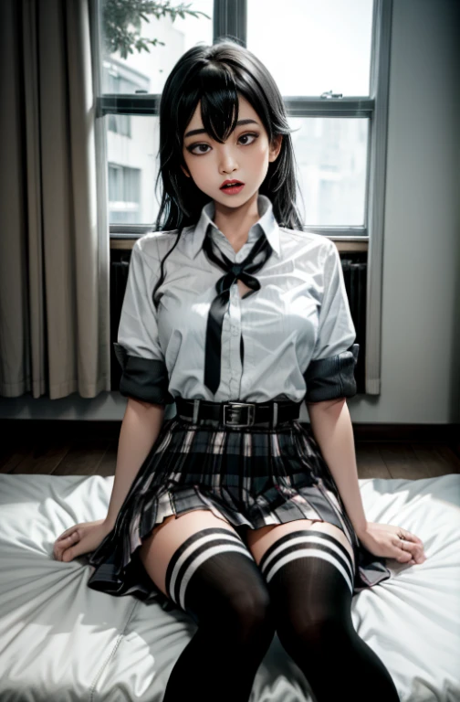 1 girl as yukino yukinoshita, absurdres, highres, solo, school uniform, big breasts, waist long black hair, (twintails:0.5), miniskirt, black thighhigh socks, loose red ribbon, unbuttoned white shirt, (ahegao:1.2), (rolling eyes:1.2), spread legs