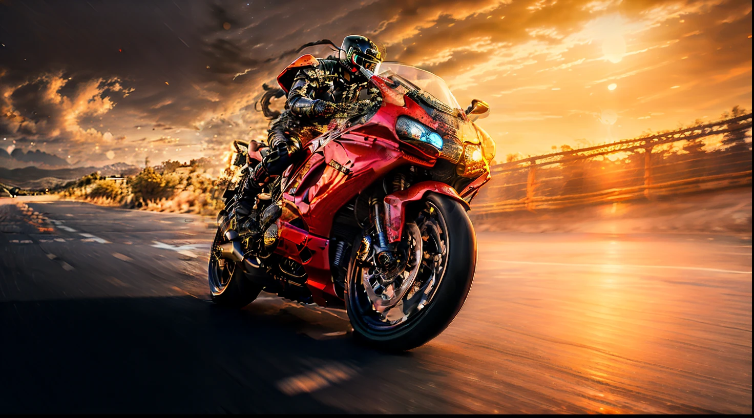 (1 Cyberpunk mecha hummananoid)(1 humanoid mecha man), mecha man in a Black and red trim leather race suit riding on a black and red futuristic Ducati Panigale V4 race motorcycle, the mecha man popping a wheelie on a back mountain streets at night, Stars and moon are bright the sky dark, center curved composition, view point from the front side, red and Black theme, motor sports photography, game cg, cycles4d render, cycles 3 d render, racing, rgp artwork, dark hangar background, yellow back light, cycle render, hyper-detailed masterpiece:1.5), (beautifuly intricate:1.5), (aesthetic + beautiful + harmonic:1.5), (hyper-detailed face, hyper-detailed eyes, hyper-detailed mouth, hyper-detailed body, hyper-detailed hands, hyper-detailed clothes, and hyper-detailed scenery:1.5), (sharpen details:1.2), high detail, Realism, Futurism,Cyberpunk, glowing light, masterpiece, super detail, high details, award winning, high detailest quality:1.5)