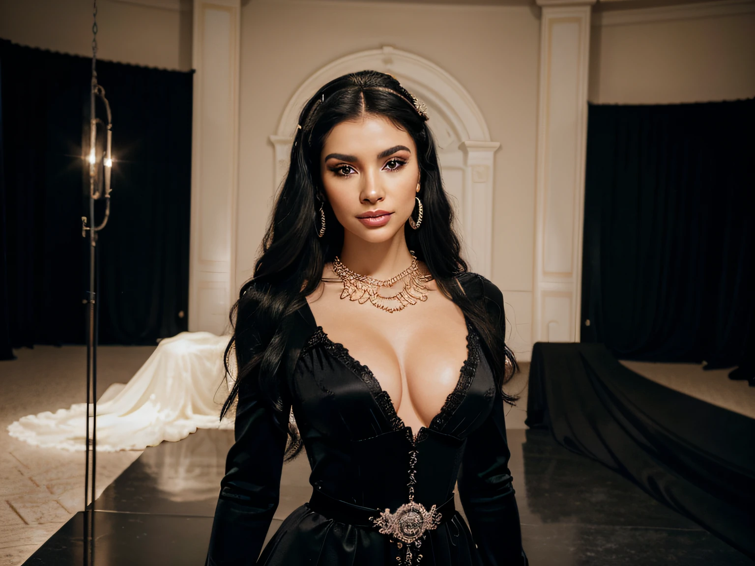 Sissy Raven wearing Chanel and Versace, (best quality,4k,8k,highres,masterpiece:1.2), ultra-detailed, realistic:1.37, fashionable outfit, stunning black dress, elegant and sophisticated, intricate lace details, exquisite embroidery, luxurious fabrics, flowing train, adorned with pearls and diamonds, perfectly tailored, cinched waist, Sissy Raven's confident and alluring gaze, mesmerizing eyes with dramatic eyelashes, perfectly contoured lips, flawless complexion, glossy black hair cascading down her back, extravagant jewelry, diamond necklace and earrings, glamorous high heels, opulent runway setting, golden chandeliers casting a warm glow, soft spotlight accentuating Sissy Raven's beauty, vibrant colors with a touch of monochrome, vintage-inspired black and white aesthetics, nostalgic film grain effect, timeless and chic, the epitome of high fashion, capturing the essence of elegance and allure.