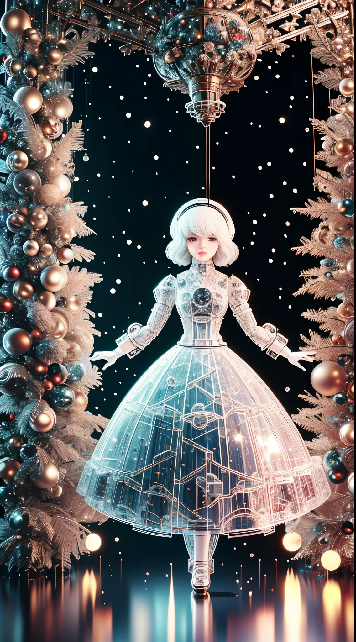 Christmas Mechanical Girl,Futuristic girl,Mechanical jointuturistic christmas city background