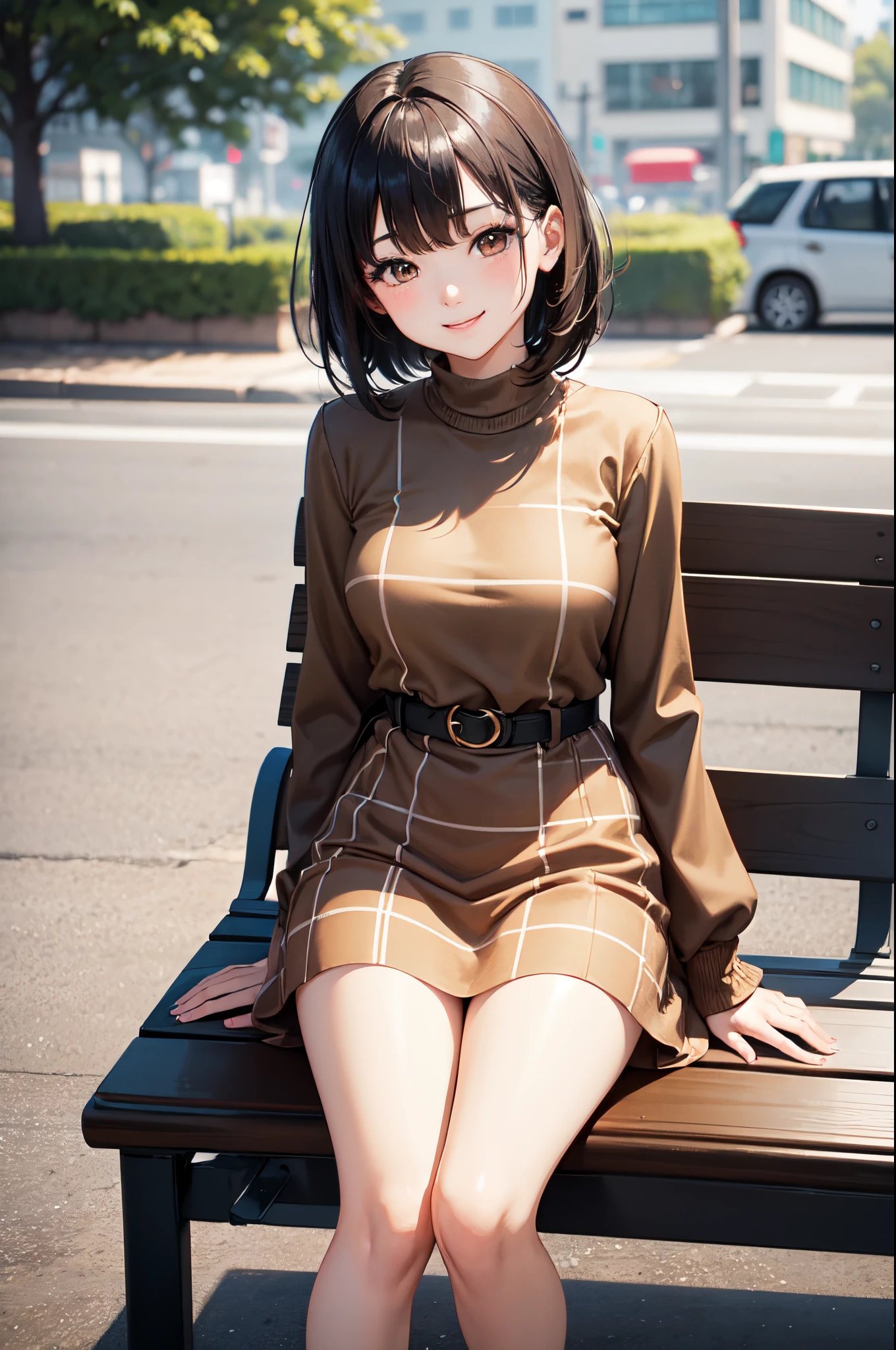masterpiece, 1_girl, av idol. 25-years-old Korean girl. slender and medium breast. brown eyes. short black hair and bangs in the front. Wearing Plaid Pattern Splicing Dress, Elegant Crew Neck Long Sleeve, walking in the street in a hazy afternoon, blurry background, sitting on bench, smiling