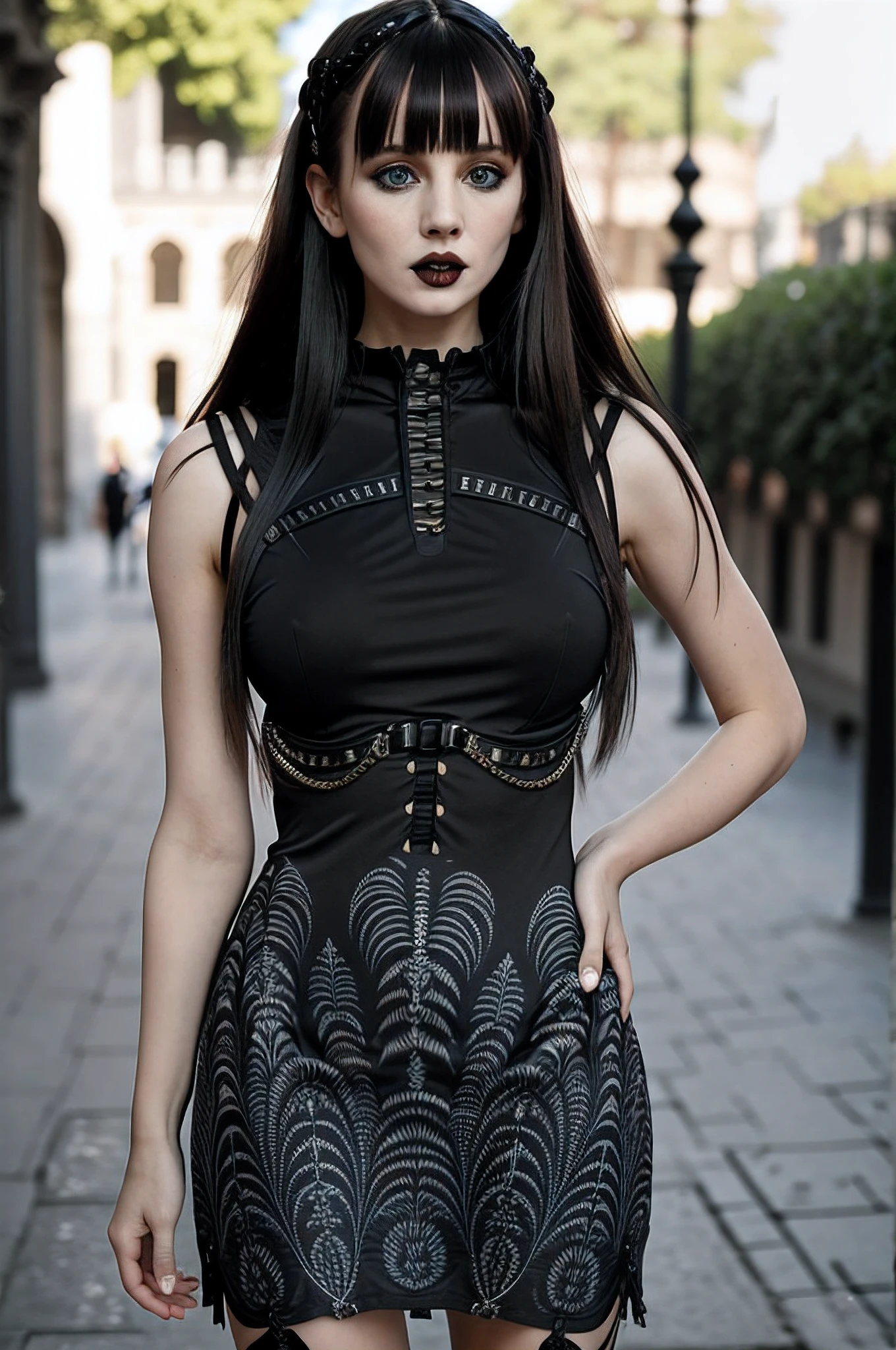 ((Obra maestra, La mejor calidad,edgCalidad)) (((beautiful woman))))
edgGD, Cabello largo,wearing a gothic dress edgGD, Fondo de la catedral de Barcelona, escote, tetas medianas, goth girl, Pale-skinned girl, brown long hair with bangs, cintura delgada, muslos gruesos, Paquete de abdominales de seis, piernas tonificadas, biceped, camiseta sin mangas negra, Pantalones negros rasgados, Goth makeup, labios gruesos, greenish-brown eyes