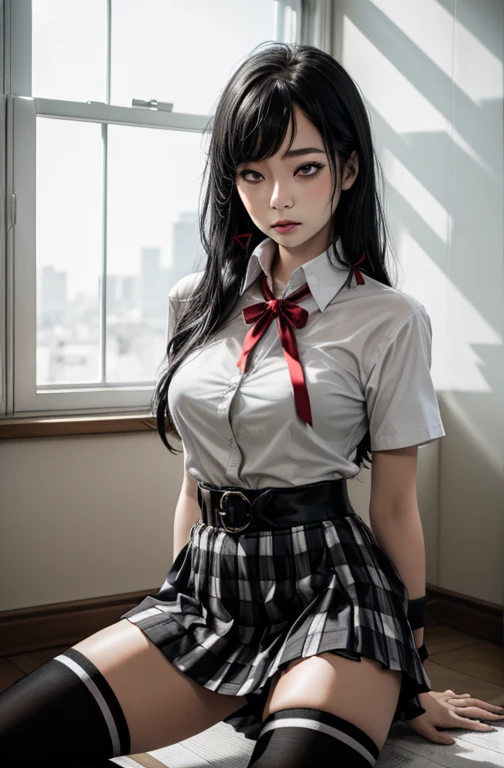 1 girl as yukino yukinoshita, absurdres, highres, solo, school uniform, big breasts, waist long black hair, (twintails:0.5), miniskirt, black thighhigh socks, loose red ribbon, unbuttoned white shirt, (ahegao:1.2), (rolling eyes:1.2), spread legs