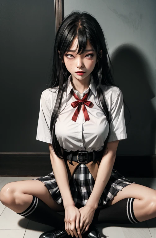 1 girl as yukino yukinoshita, absurdres, highres, solo, school uniform, big breasts, waist long black hair, (twintails:0.5), miniskirt, black thighhigh socks, loose red ribbon, unbuttoned white shirt, (ahegao:1.2), (rolling eyes:1.2), spread legs