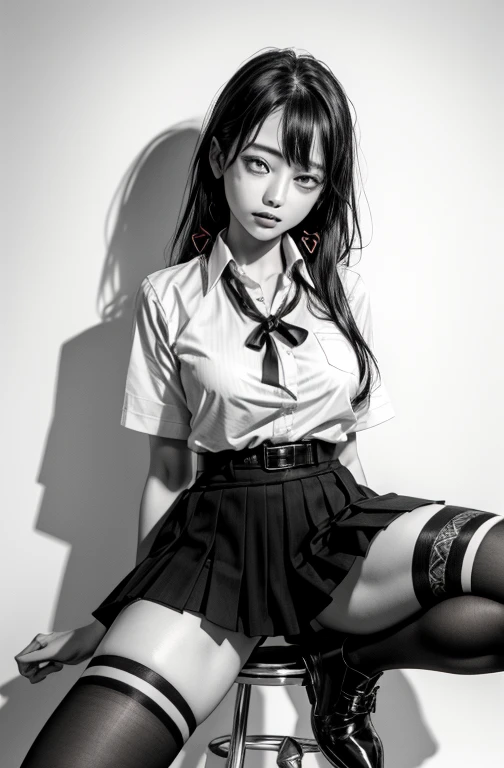 1 girl as yukino yukinoshita, absurdres, highres, solo, school uniform, big breasts, waist long black hair, (twintails:0.5), miniskirt, black thighhigh socks, loose red ribbon, unbuttoned white shirt, (ahegao:1.2), (rolling eyes:1.2), spread legs