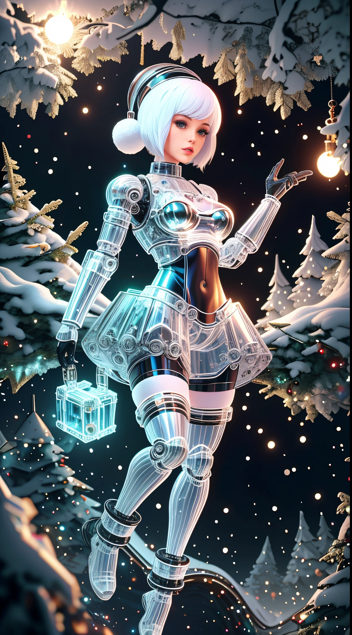 Christmas mechanical girl，Futuristic girl，Mechanical jointuture city background