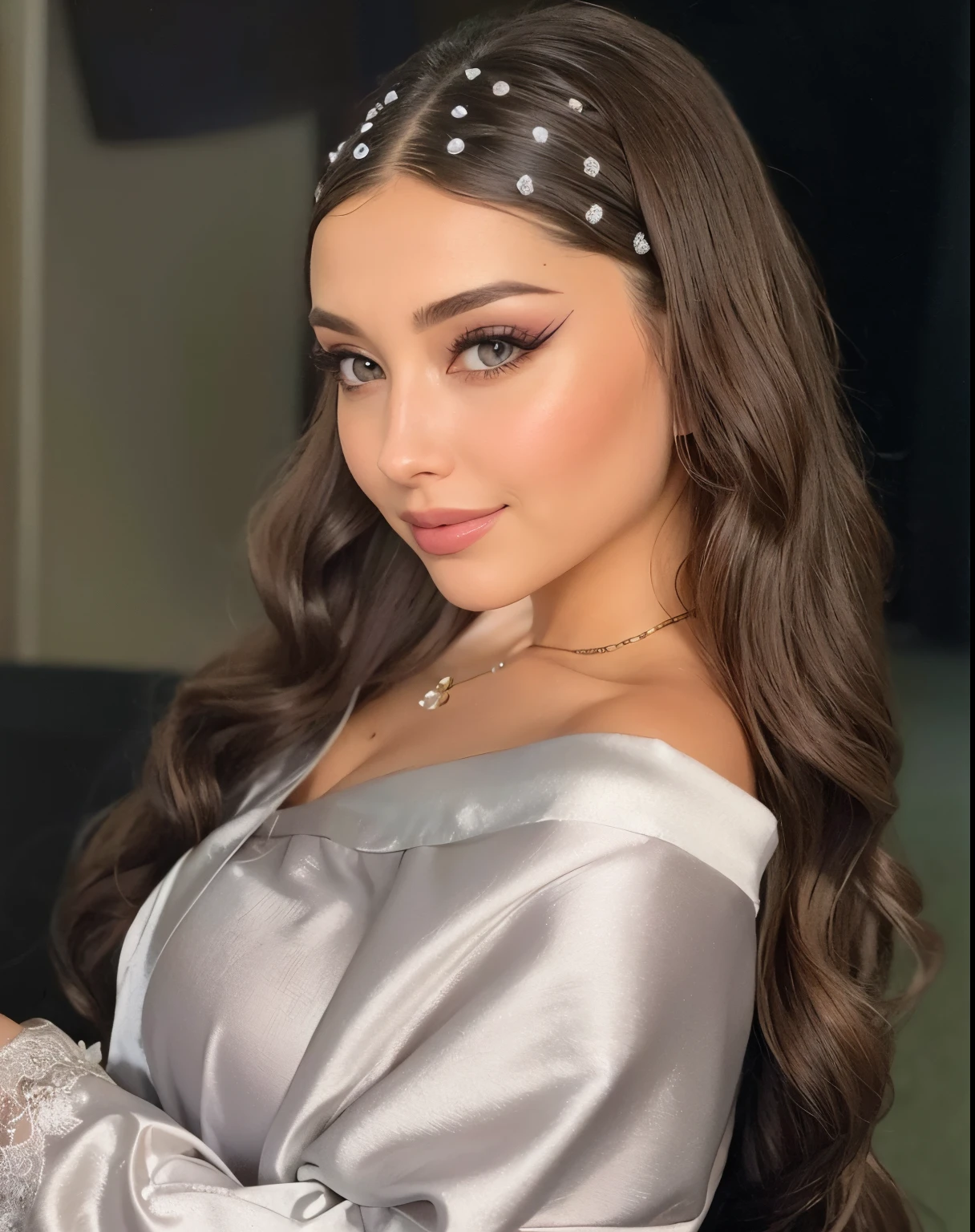 a close-up of a woman wearing a silver dress and headband, com maquiagem profissional, Retrato Sophie Mudd, Estilo de Julia Razumova, Taran Dasha, olivia culpo, olhar sensual, rosto sexy com maquiagem completa, Pokimane, penteado liso, Olga Buzova, beleza de cair o queixo, beleza de cair o queixo, cabelos glam