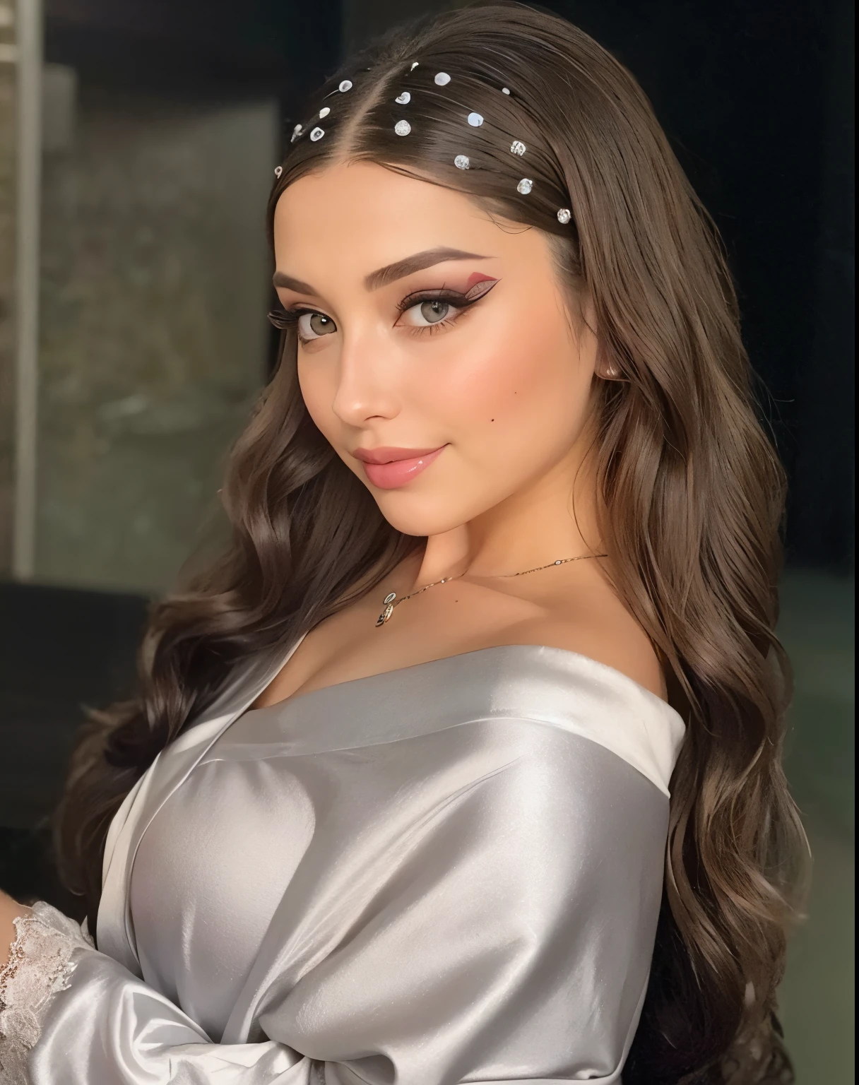 a close-up of a woman wearing a silver dress and headband, com maquiagem profissional, Retrato Sophie Mudd, Estilo de Julia Razumova, Taran Dasha, olivia culpo, olhar sensual, rosto sexy com maquiagem completa, Pokimane, penteado liso, Olga Buzova, beleza de cair o queixo, beleza de cair o queixo, cabelos glam