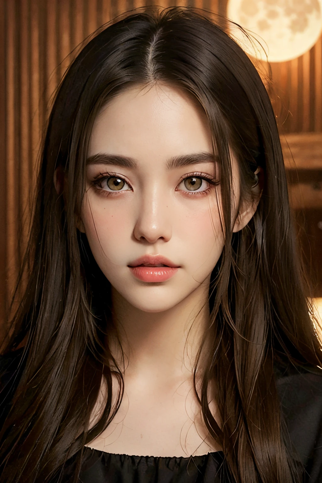one eyebrow,Natural Color,Apricot eyes,Tall nose bridge,moon lips,Long whit hair,Dark contrast,Raised sexy