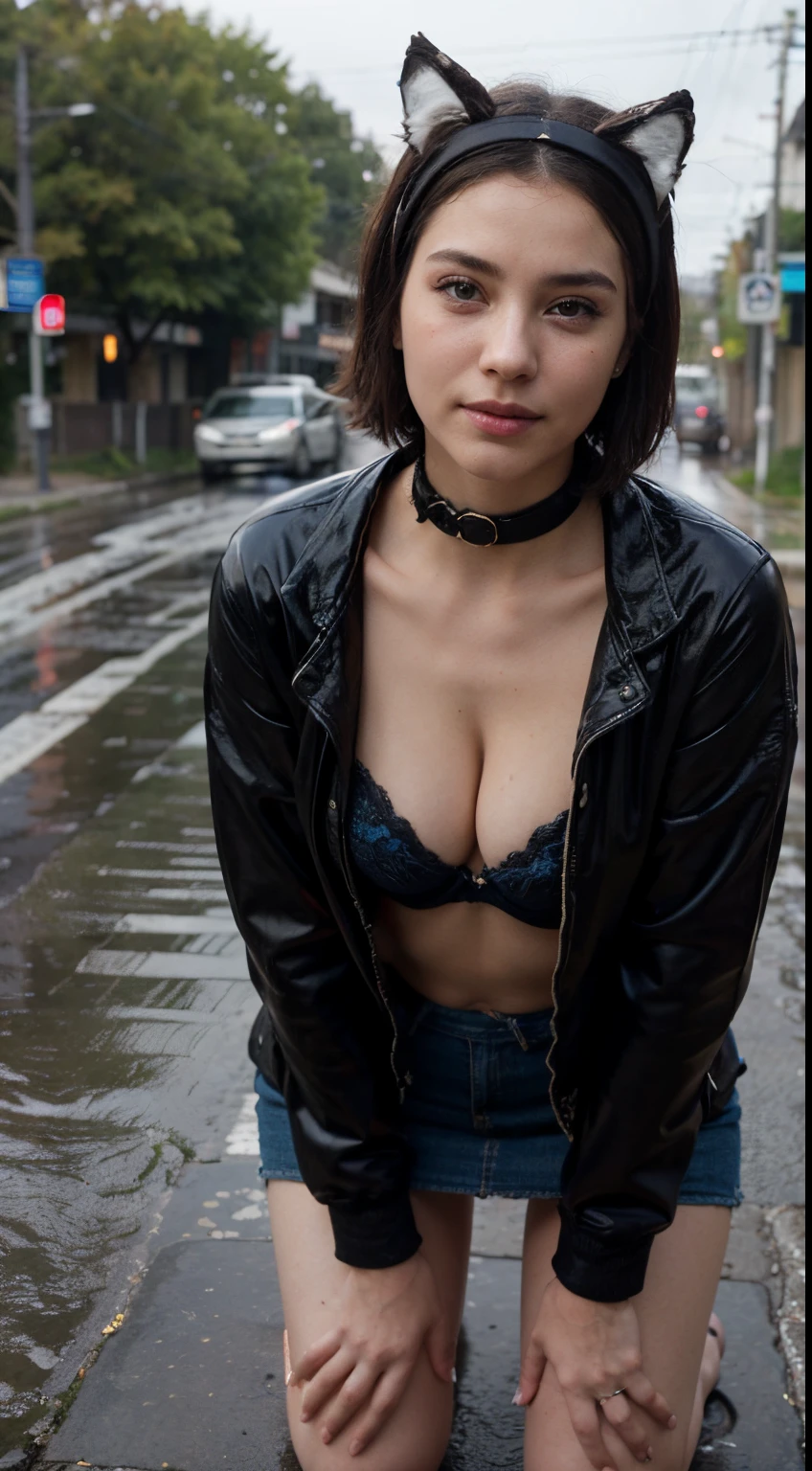 (((Wolf Headband on short hair + collar))), (((Wearing opened black latex jacket revealing bra with jeans skirt))),(((kneel))),(((looking at viewer:1.5))),(((view full body))),(((Photographing a girl from booty) )),ulzzang-6500-v1.1, (Raw photo:1.2), (Photo realistic:1.4), a beautiful detailed girl, extremely detailed eye and face, extremely detailed finger, beautiful detailed eyes, ultra-detailed, High resolution, top-quality, masterpiece, highly detailed, 8k wallpaper, Wonderful, finely detail, top-quality, Light on the face,电影灯光,1girl in, (Rainy road),Beautiful eyes,teary eyes, mysterious smile,Opening Mouth
Fotograph