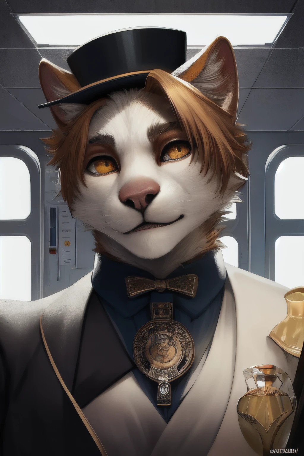 ((best quality)), ((masterpiece)), (detailed),a fullbody portrait of a white cat conductor with his train, top hat uniform, scifi, anthro male, anthro cat, muscular male, perfect face, genshin impact, (realistic)