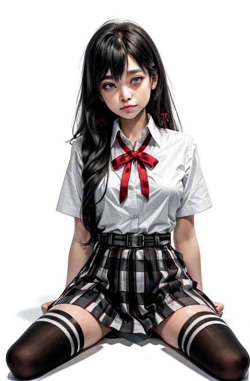 1 girl as yukino yukinoshita, absurdres, highres, solo, school uniform, big breasts, waist long black hair, (twintails:0.5), miniskirt, black thighhigh socks, loose red ribbon, unbuttoned white shirt, (ahegao:1.2), (rolling eyes:1.2), spread legs, sexy smile