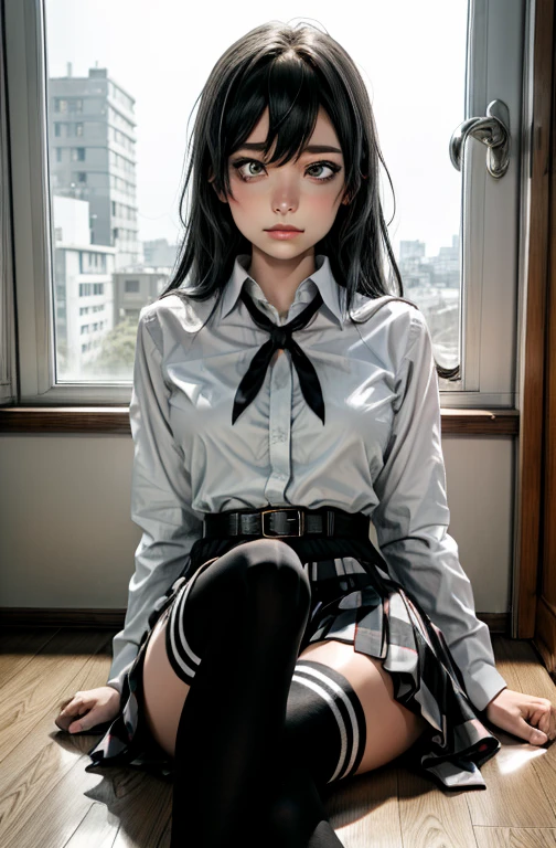 (full figure:1.1), (1 girl as yukino yukinoshita:1.1), absurdres, highres, solo, school uniform, big breasts, waist long black hair, (twintails:0.5), (pleated miniskirt:1.2), (black thighhigh socks:1.2), loose red ribbon, unbuttoned white shirt, (ahegao:1.5), (rolling eyes:1.5), (torn clothes:1.5), naked breastss, spread legs, no panties