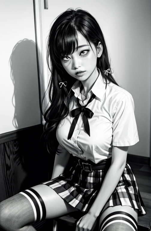 1 girl as yukino yukinoshita, absurdres, highres, solo, school uniform, big breasts, waist long black hair, (twintails:0.5), miniskirt, black thighhigh socks, loose red ribbon, unbuttoned white shirt, (ahegao:1.2), (rolling eyes:1.2), spread legs