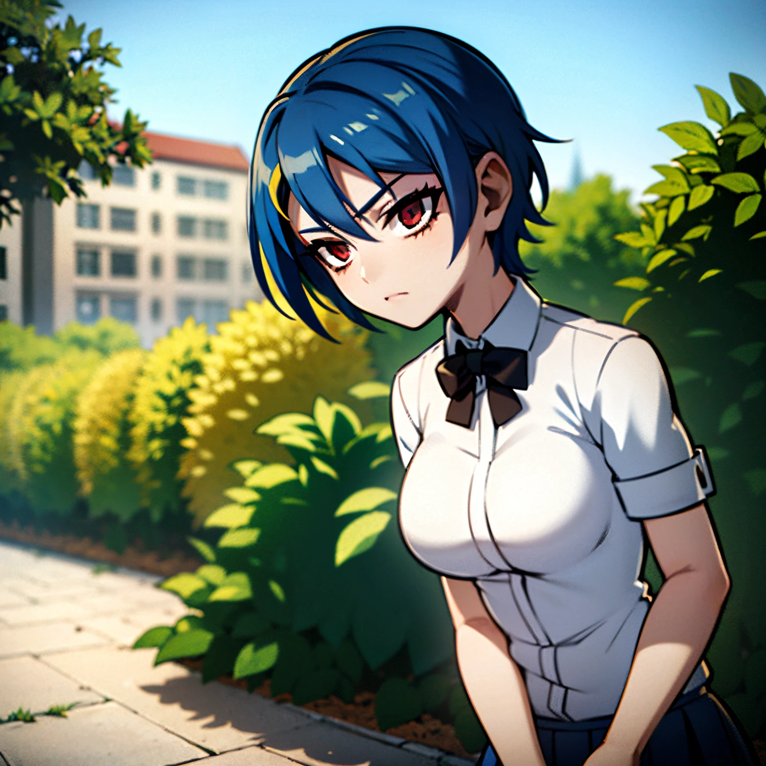girl with blue hair, green hair locks, red eyes, short hair, student uniform, in a garden, standing, school in the background of the scene, detailed location, easy positive, masterpiece, 4k, good anatomy,