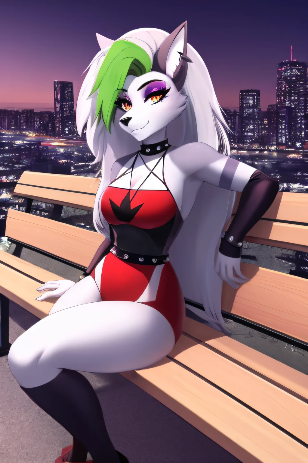 best quality, (masterpiece:1.1), roxanne fusion loona, solo, furry female, body fur, makeup, sexy clothes, super detailed, high detail eyes, perfect proportion, bench, city