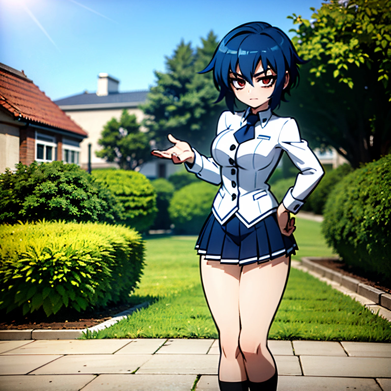 girl with blue hair, green locks, red eyes, short hair, student uniform, in a garden, standing, school in the background of the scene, detailed location, easy positive, masterpiece, 4k, good anatomy,