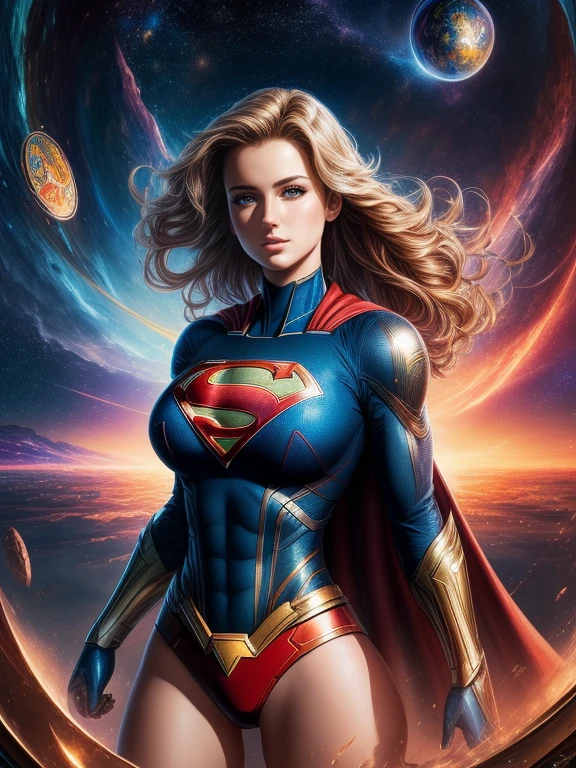 (Best Quality, masterpiece, ultra-detailer, 16K resolution, extremely detailed), Abstract expressionist painting "Hyperion", Supergirl, gigantic breasts, large breasts, tarot card, Digital Painting, character concept art portrait, catastrophe, fisheye, magnificent panorama view.