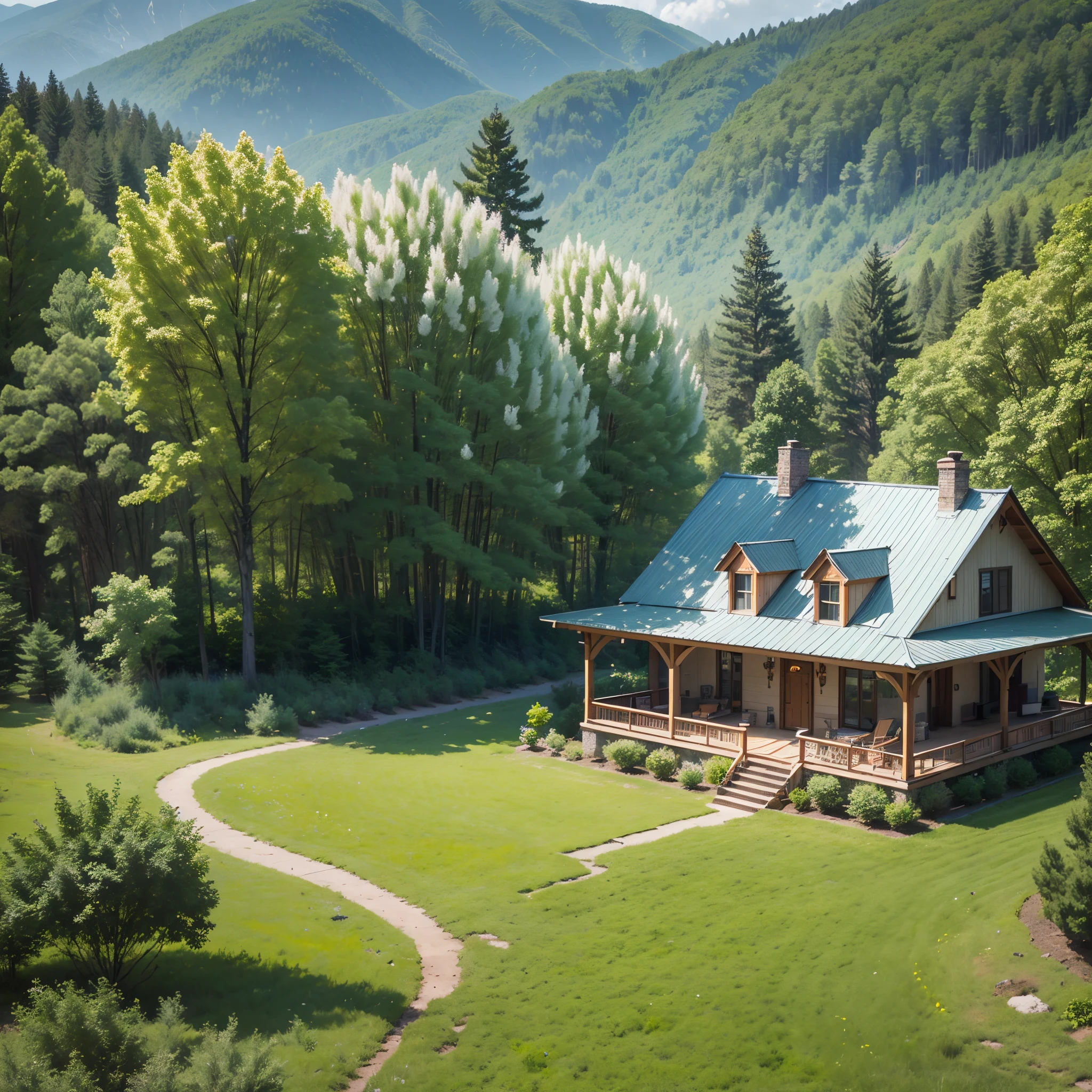 a spring scenery in the mountains of the eastern United States. An independent villa  surrounded by forests Some trees have lush branches and leaves, and some have just sprouted high quality --auto --s2