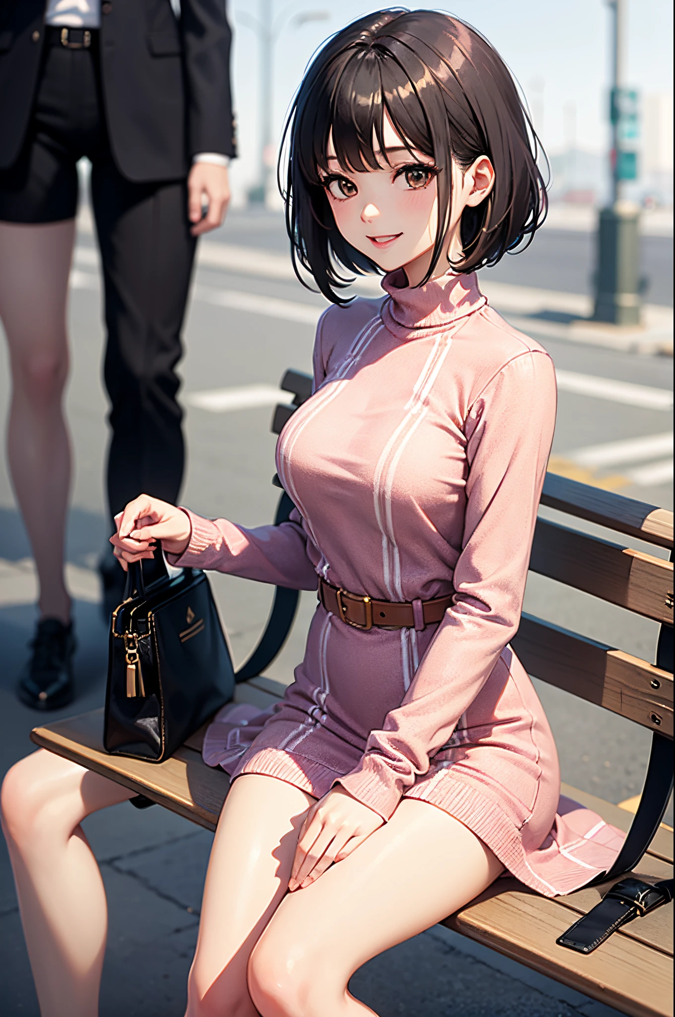masterpiece, 1_girl, av idol. 25-years-old Korean girl. slender and medium breast. brown eyes. short black hair and bangs in the front. Wearing Plaid Pattern Splicing Dress, Elegant Crew Neck Long Sleeve, walking in the street in a hazy afternoon, blurry background, sitting on bench, smiling