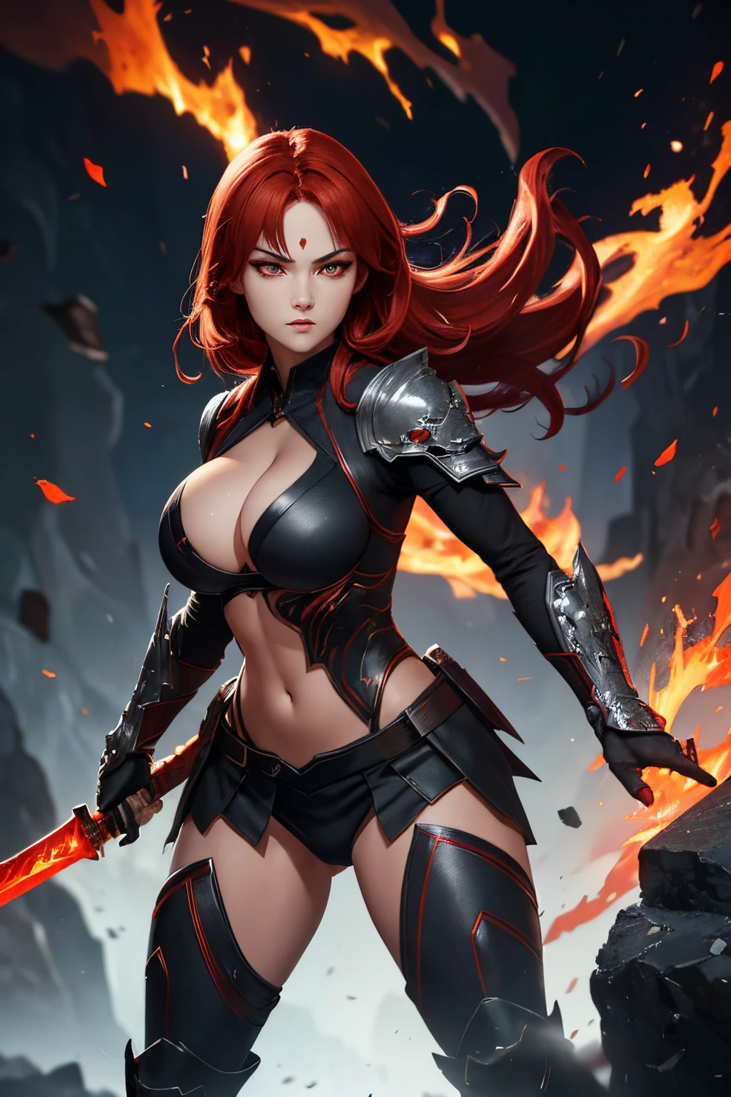 A revealing coal-infused blazer armored ninja with ash-like patterns, huge round breasts, exposed navel, exposed thighs, elemental might on glowing eyes, fiery sword, short fiery red scarlet hair, pale woman, (highly detailed:1.4), 8k wallpaper, (detailed face and eyes:1.4).
