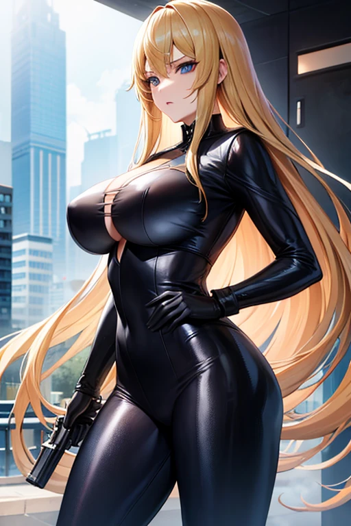 Long hair combed up on the left side。Blonde hair。Leather Suit。huge tit。Have a gun。blue jewel eyes。Rin々Facial expressions。cool。Standing Picture。Staring into the distance。