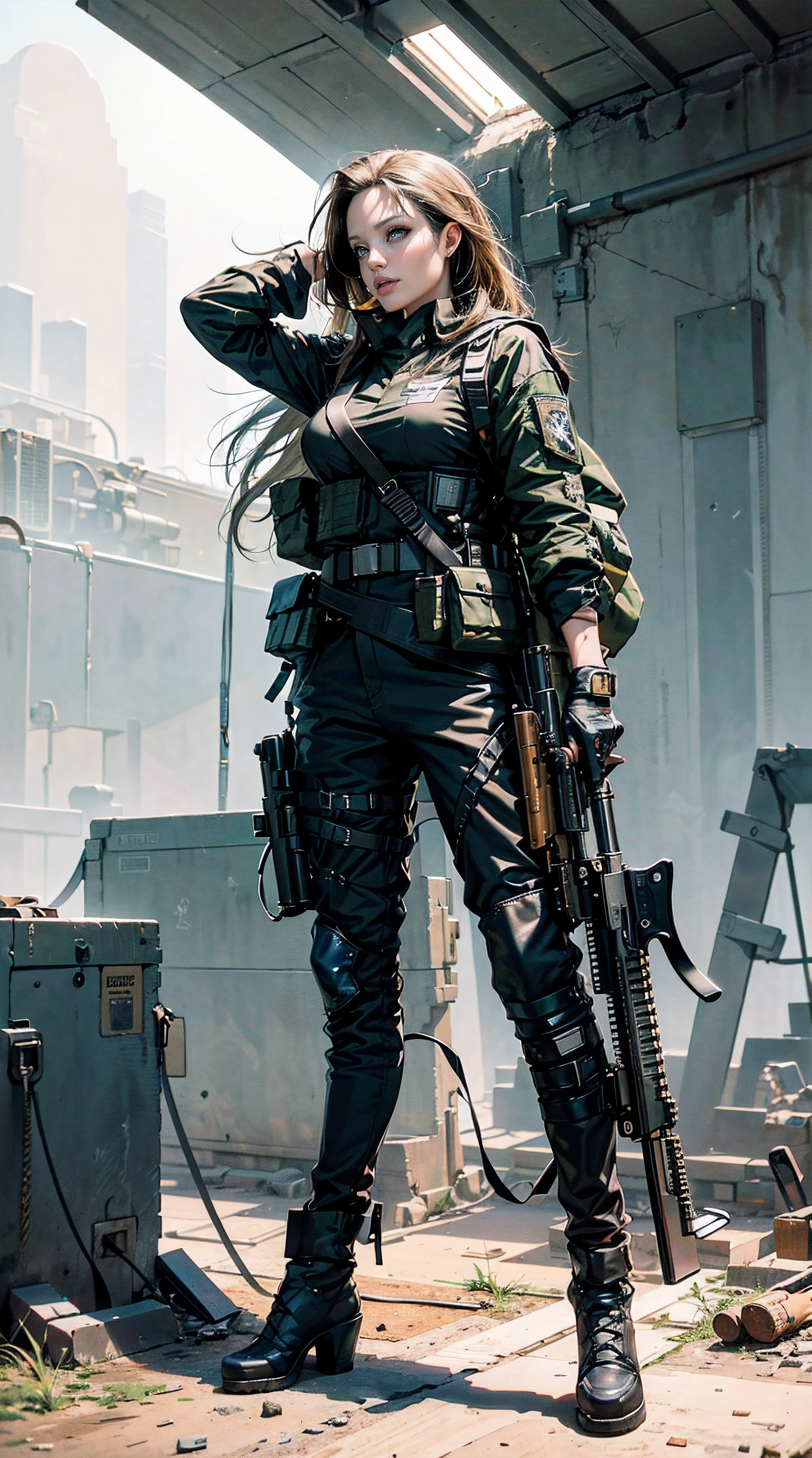 (masterpiece),(8K),(ultra-detailliert),(hight resolution),(Angelina Jolie aiming with assault rifle),(Take a peek at the sights:1.3),Close one eye,(Crouch down and hold your assault rifle:1.2), 独奏, frontage, Full body drawing,military helmet,Army camouflage uniform,Camouflage long trousers,Combat gloves,rucksack,Black Tactical Vest,The background is a collapsed wall,detailed gun drawings