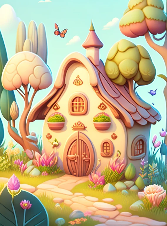 Cartoon-style house, flowers and plants, magical elements, mobile game， forest and plants, a touch of magical elements, outlines of animals.