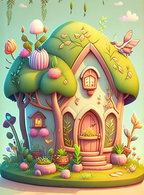 Cartoon-style house, flowers and plants, magical elements, mobile game， forest and plants, a touch of magical elements, outlines of animals.