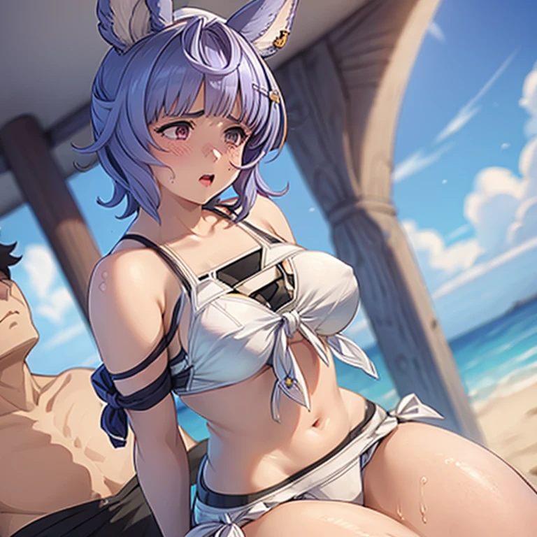 1 girl,Lori,Petite,huge-breasted,pointed breast,cleavage,underboob,sideboob barbosa,(blush),((embarrassed)),((Scared)),Wet,spreading arms,Open legs,(((Clothes lift))),(see through),(((white))),(((White School Swimsuit))), ((matou sakura)),Purple hair,Purple,Very short hair,(((Restraint Shackle DSM,(Tied to a bet,:1.5),