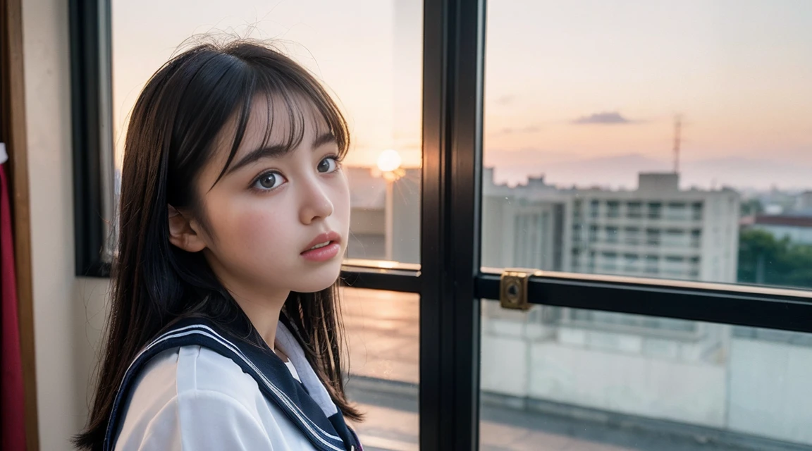 (Best Quality, 8K, 32 k, masutepiece, (english) (english) (english):1.2), (Raw foto), (realisitic), (Photorealistic:1.2), (high resolucion), Ultra-detailed, extremely beautiful face & eyes, 1girll, (Lori, :1.2), young female, innocent face, faint expression, sad look, Black straight hair, thin-waist, tits huge, slim proportions, (Uniform of Japanese sailors, sailor fuku, serafuku, japanese school sailor uniform, striped pleated skirt:1.27), in a classroom, look out the window, Beautiful profile, the sunset outside, Red colored sky and clouds, 90s, Film camera feel